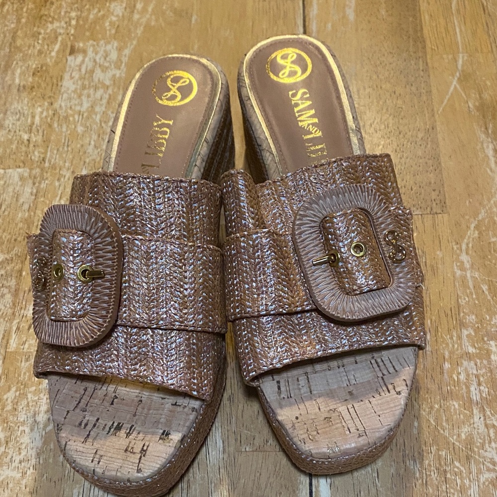 Sam & Libby Tan Woven Buckle Cork Slide Mules